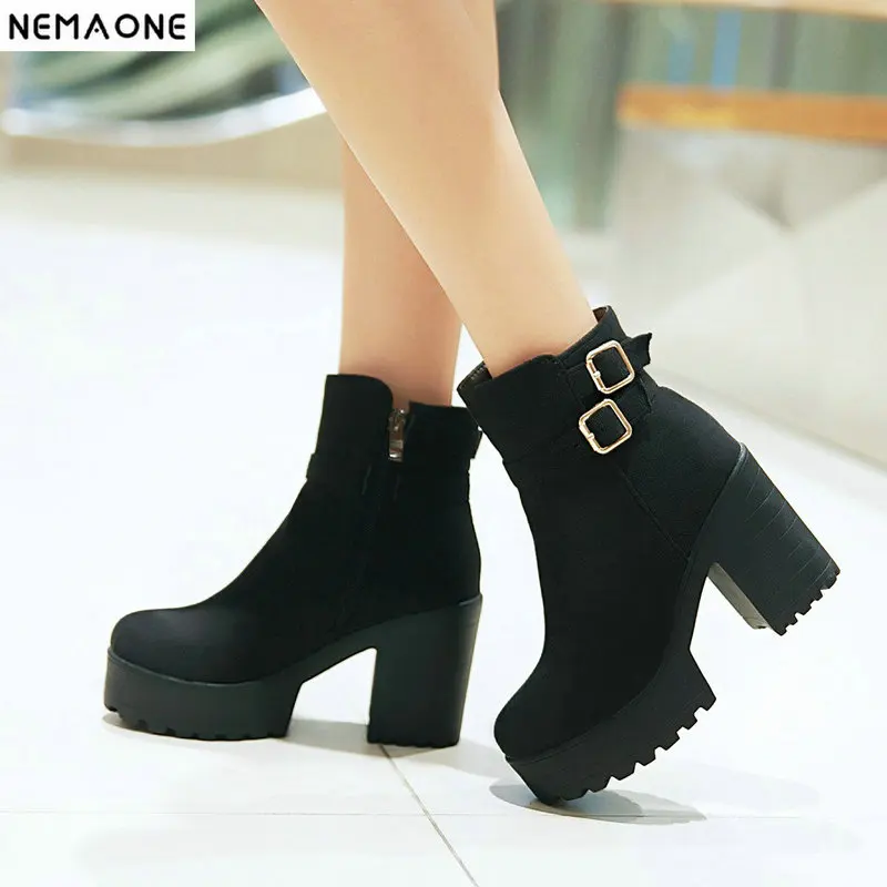 

New thick high heels ankle boots woman russian style winter warm snow boots party dress shoes woman blue red black big size 43