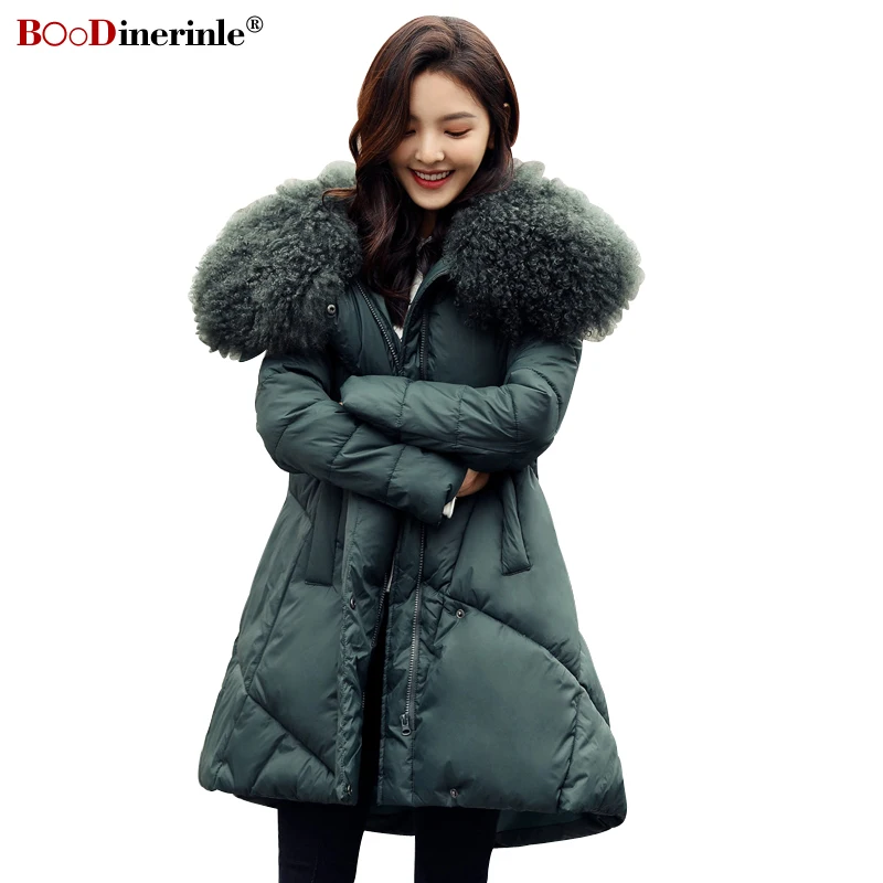 BOoDinerinle, женская зимняя хлопковая куртка, большой размер 4XL, черный длинный плащ, модное пальто с шерстяным воротником, толстая верхняя одежда, парка MY346
