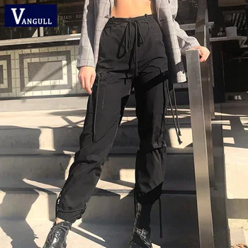 

Vangull Trendy Cargo Pants Women Casual Sweatpants Harajuku Gothic Pockets Lace Up Spring Black Girl Streetwear Jogger Trousers