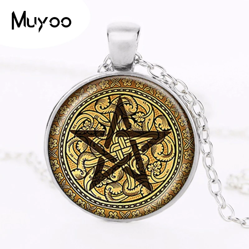 

Golden Pentagram Necklace Cabochon Pentacle Pendant Ace of Pentacles Tarot Card Jewelry Wiccan Accessories Occult Jewellery HZ1