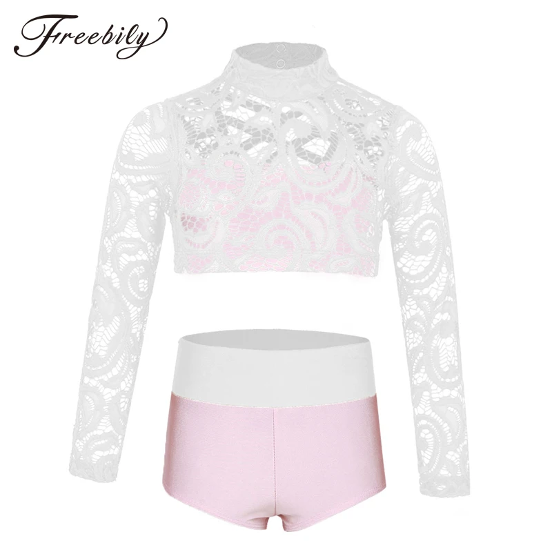 

Kids Girls Gymnastics Leotard Swimsuit for Dancing Ballet Crop Top with Briefs Mock Neck Dance Top Set for Stage Performance