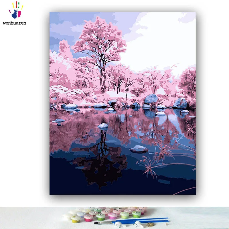 

DIY Coloring paint by numbers Reflection of pink tree Abstract figure paintings by numbers with kits 40x50 framed