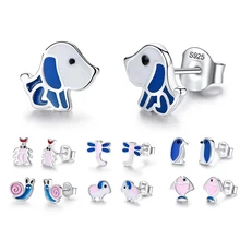 925 пробы серебряные серьги, милые серьги с собаками, маленькие животные, голубые эмалированные серьги-гвоздики для женщин и девочек, детские ювелирные изделия