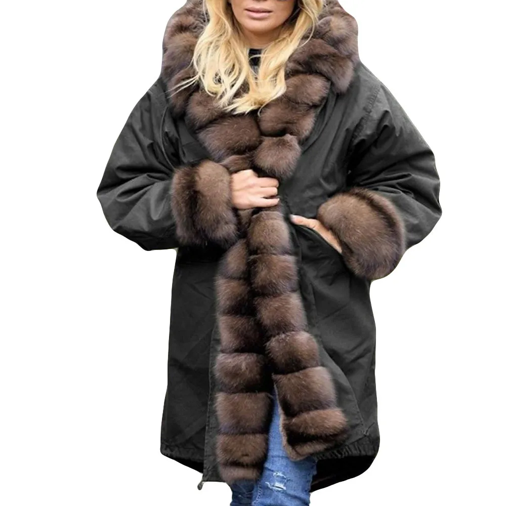 Newly Womens Faux Fur Winter Jacket Parka Hooded Coat Fishtail Overcoat Oversize Long Sleeves Coats Dropship Nov.2 - Цвет: Black 2