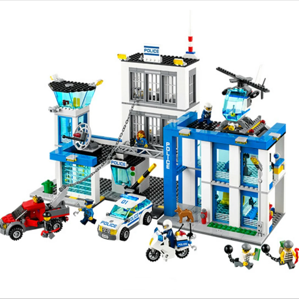 City Police Station Motorbike Helicopter Building Block Kits Compatible with Legoing City 60047 Kids Toys Bricks