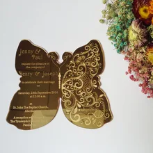 Customized 180*150mm butterfly shape golden mirror acrylic wedding invitation card(1lot=100pcs)