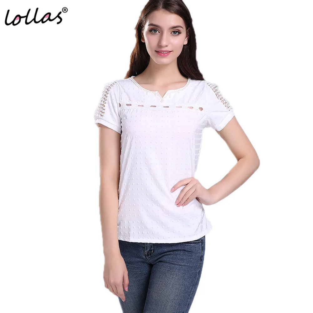 lollas New Leisure Women Lace Short Sleeve White Shirt V