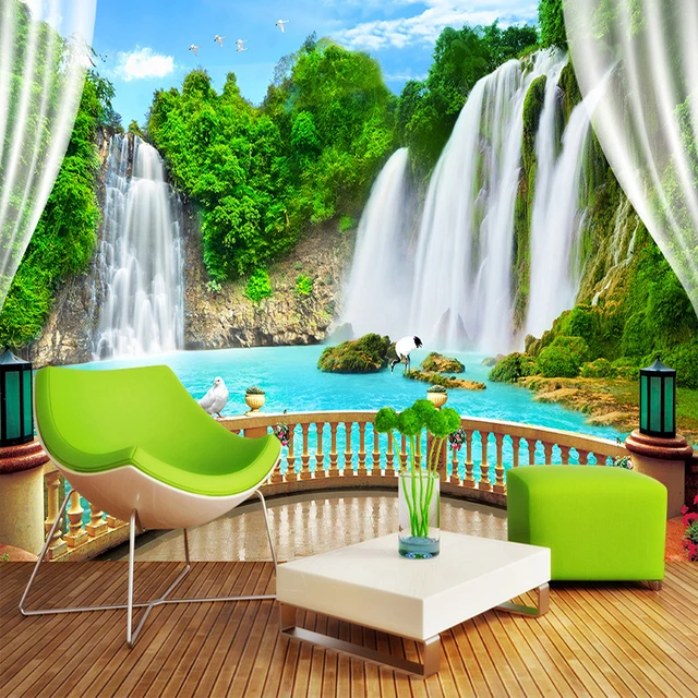 Custom Wall Mural Painting Mountain Water Waterfall Stereoscopic