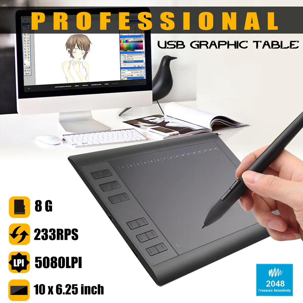 

10" x 6.25" Graphic Drawing Tablet Micro USB 1060PLUS Rechargeable Painting Pen Digital Tablets