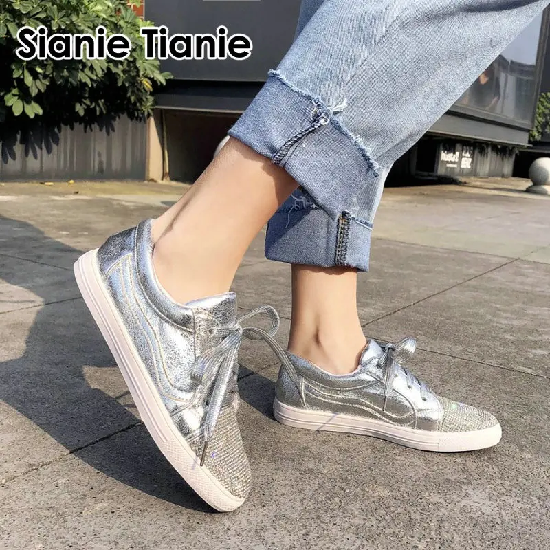 

Sianie Tianie 2019 autumn spring silver red crystal woman loafers lace up female walking flats shoes sneakers big size 44 45 46
