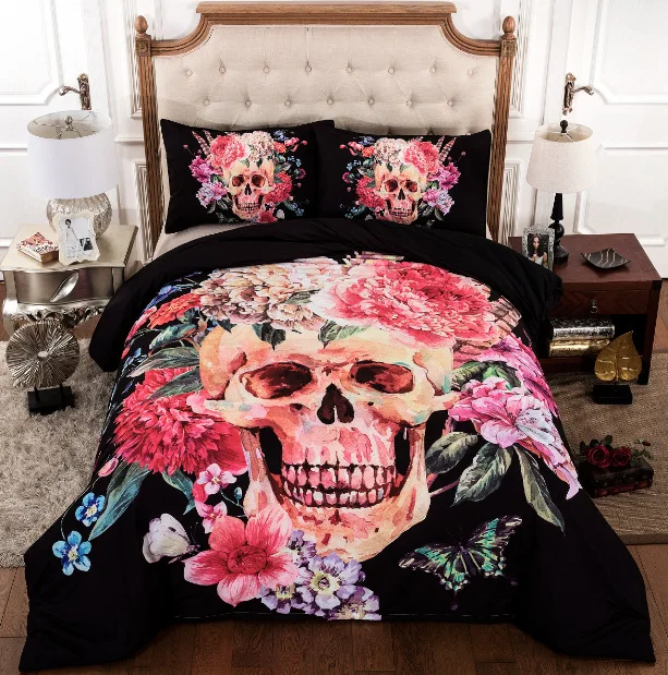Floral Skull Duvet Cover Set 3pcs Splash Watercolor Bedclothes Flowers