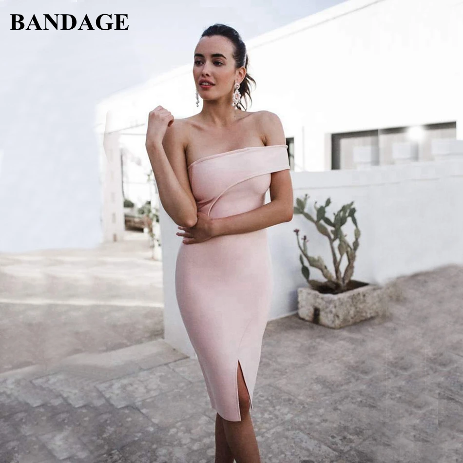 

One Shoulder Pink Bandage Dress Sexy Women Bodycon Vestidos Split Sleeveless Midi Dresses Celebrity Prom Party Club Wear