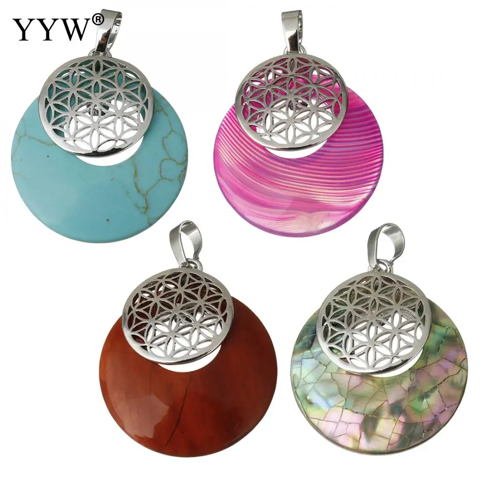 

Natural Gem Stone Beads Women Men Pendants For Necklace Hollow Round Veins Onyx Crystal Sea Opal Tiger Eye Reiki Diy Jewellery