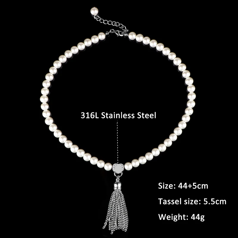 Women Fashion 316L Stainless Steel Pearl Necklace Silver Color Crystal Heart Necklace Designer Tassel Necklace For Jewelry Gift  (6)
