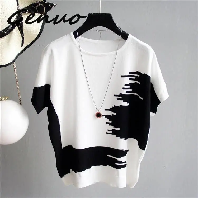 

Women Sweater Pullover Thin Rib Knitted Cotton Tops Patchwork O Neck Crop Top Unif Essential Jumper Short Sleeve Sweaters Summer