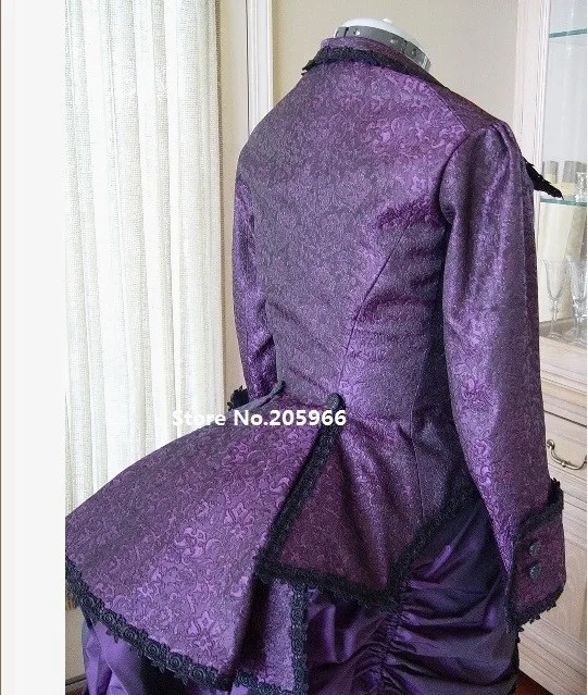 Custom made 18-го века викторианской темно-фиолетовый тафты венеция кружева подстриженные суета день dress костюм/событие dress чаепитие dress