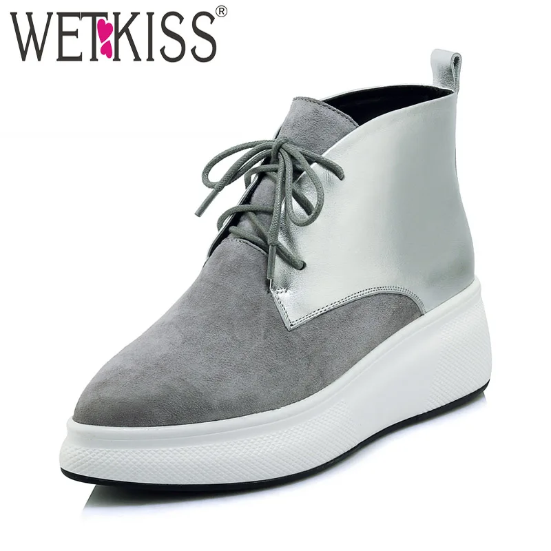 

WETKISS Leather Women Ankle Boots Pointed Toe Lace Up Footwear Casual Girl Boot Kid Suede Platform Shoes Woman Winter 2018 New