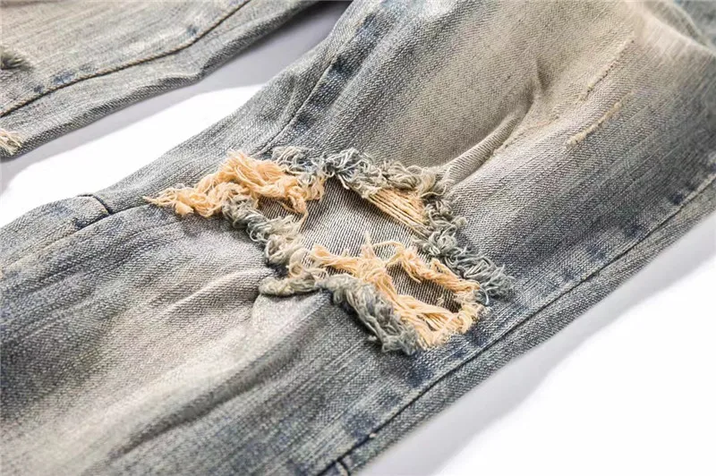 Темный логотип рваные боковая молния джинсы мужские 2019 новые потертые мужские джинсы