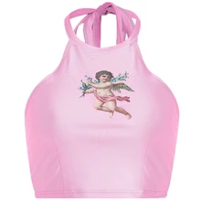 Women Halter Sleeveless Backless Crop Tops Cupid Cherub Printed Tank Tops Sexy Elastic Stretchy Top 2019 Summer Female halter printed fringed crop top for women