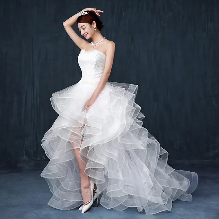 Настоящая фотография кружевное свадебное платье принцессы с оборками и жемчугом по низкой цене короткое торжественное платье высокого/низкого дизайна