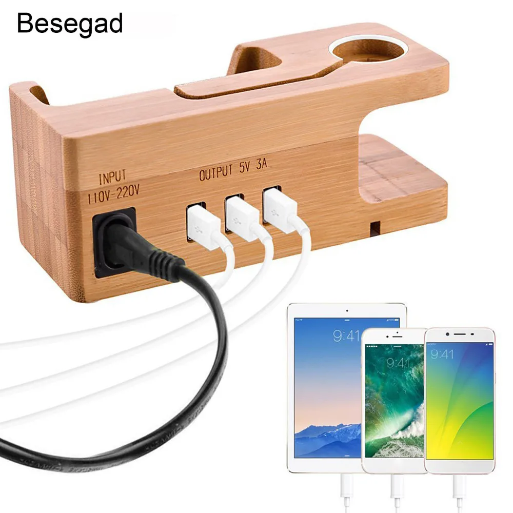 

Besegad Bamboo Wooden Charging Dock Mount Holder 3 USB Ports Charge Station for Apple Watch iWatch 3 4 iPhone X 10 8 7 6 s Plus