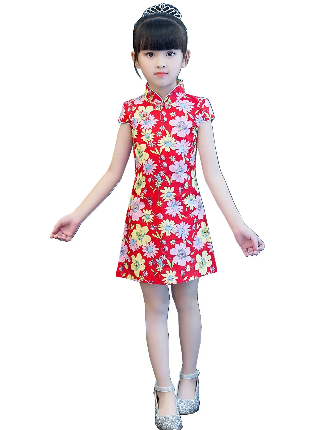 Chinese Traditional Style Flower Cheong-sam Dress Cute Kids Girl Soft Silk Blend