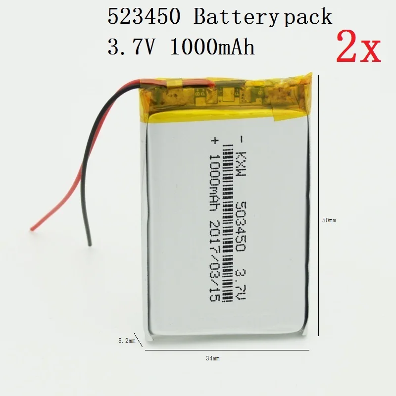 2Pcs 523450 Battery Pack 1000mAh Li polymer Rechargeable Batteries 3.7V
