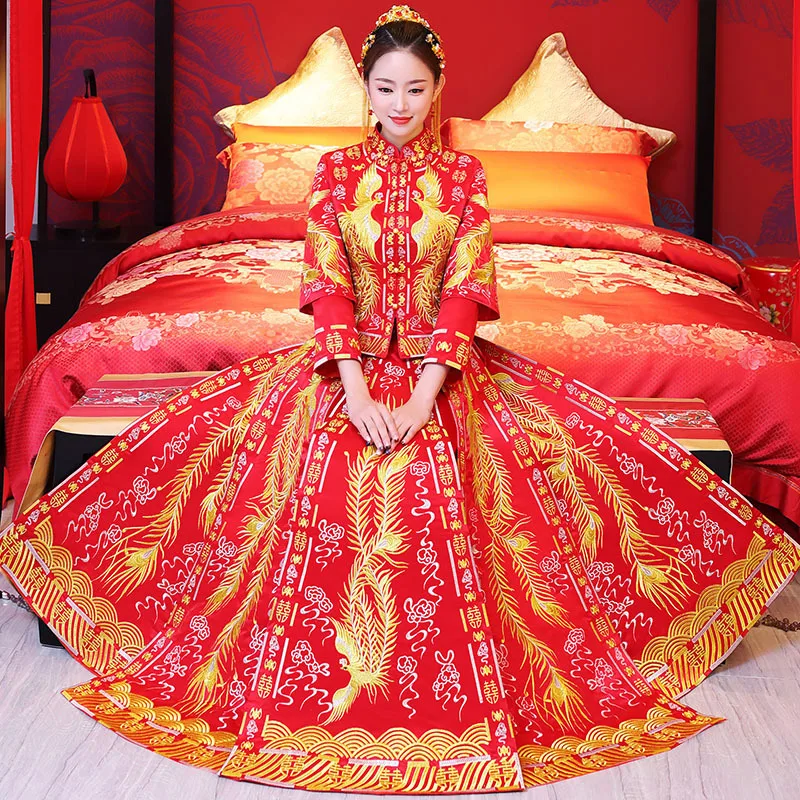 Невесты традиции Для женщин феникс вышивка Cheongsam долго Qipao свадебное платье Традиционный китайский платья Китай Костюмы магазине