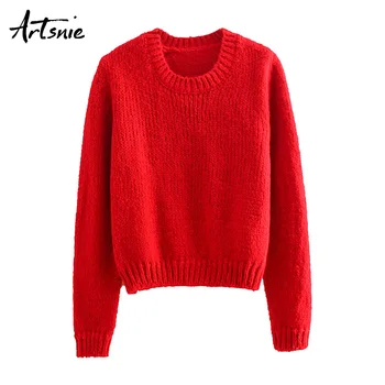 

Artsnie Winter 2018 Red Christmas Knitted Pullovers Women O Neck Long Sleeve Casual Autumn 2018 Sweaters Knit Jumper Pull Femme