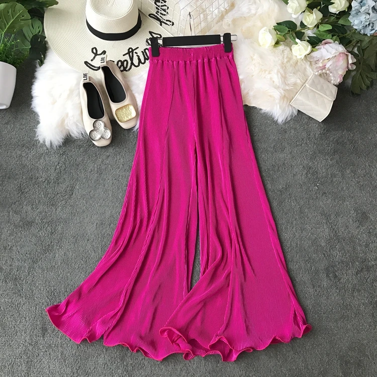 

casual women Loose Pleated Flare Pants Woman Vintage High Waist pleated Trousers lady Holidy Beach Wide legs Pants