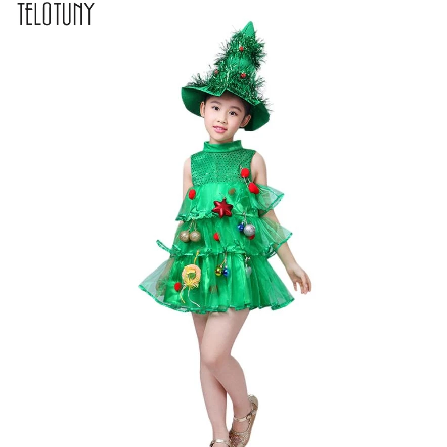 TELOTUNY/детская Рождественская елка для костюма для маленьких девочек, платье вечерние топы, жилет+ шляпа, наряды костюм с рисунком рождественской елки ZO04 - Цвет: GN
