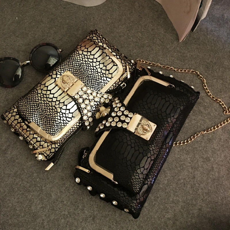 Женские кошельки, женские сумки, сумка через плечо из искусственной кожи, бриллиантовые цепочки, золотой, черный дизайн, Змеиный клатч, кошельки, вечерняя сумочка 490