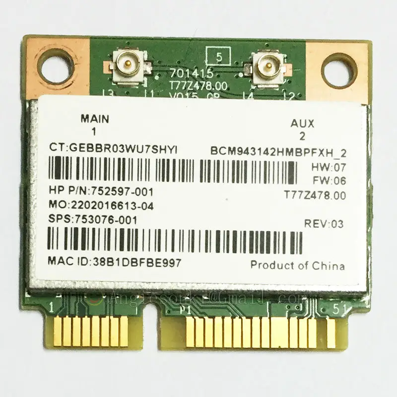 BCM943142HM 802.11bgn 1x1 Wi-Fi+ Bluetooth 4,0 ВМП WLAN адаптер 753076-001 аккумулятор большой емкости для hp 430 440 445 450 G2 M6 Broadcom BCM43142