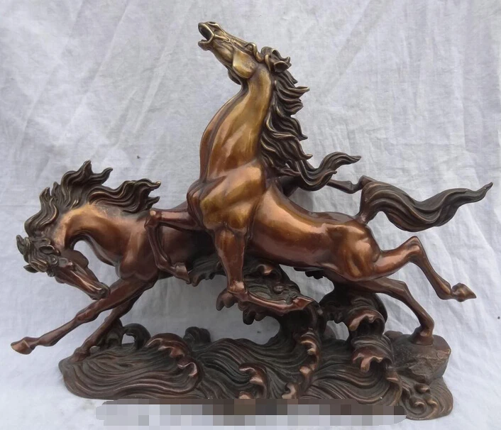 

wholesale factory 20" Folk Chinese Pure Bronze Decoration Wealth Year Zodiac 2 Jump Horse Statue