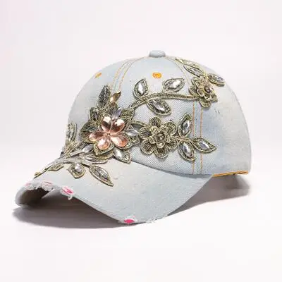BINGYUANHAOXUAN, женская бейсболка винтажная с роскошными стразами в ковбойском стиле, кепка с цветочным принтом, женская шапка со стеклянными алмазами высокого качества - Цвет: Denim Blue5