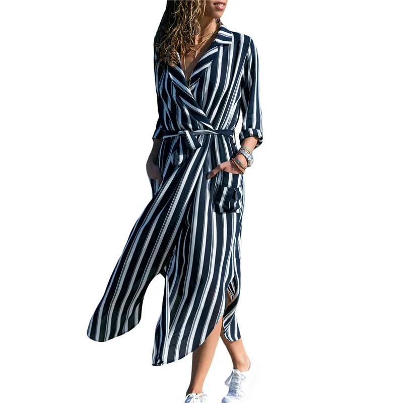 

Women Maxi Dress 2019 Fahion Long Dress Boho Floral Strip Printed Maxi Dress Turn-Done Bandage Elegant Dresses Vestido NS8974
