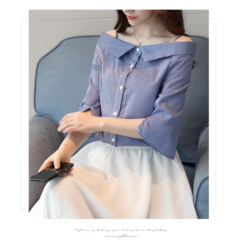 2018 Summer Off Shoulder Blouse Women Shirts Striped Slash Neck Tops Female Korean Fashion Rayas Chemisier Femme Blusas (4)