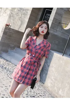 

Summer Women Two Piece Set Casual Plaid Blazer Dress Tops + Shorts Plaid Ladies Office Suit Set Two 2 Piece Set Women