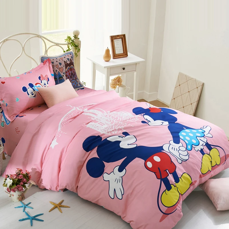 Розовый комплект постельного белья с Микки и Минни Маус для девочек, декор в спальню, хлопок, простыня, пододеяльник, набор для 1,2 м, 0,9 м, односпальная кровать