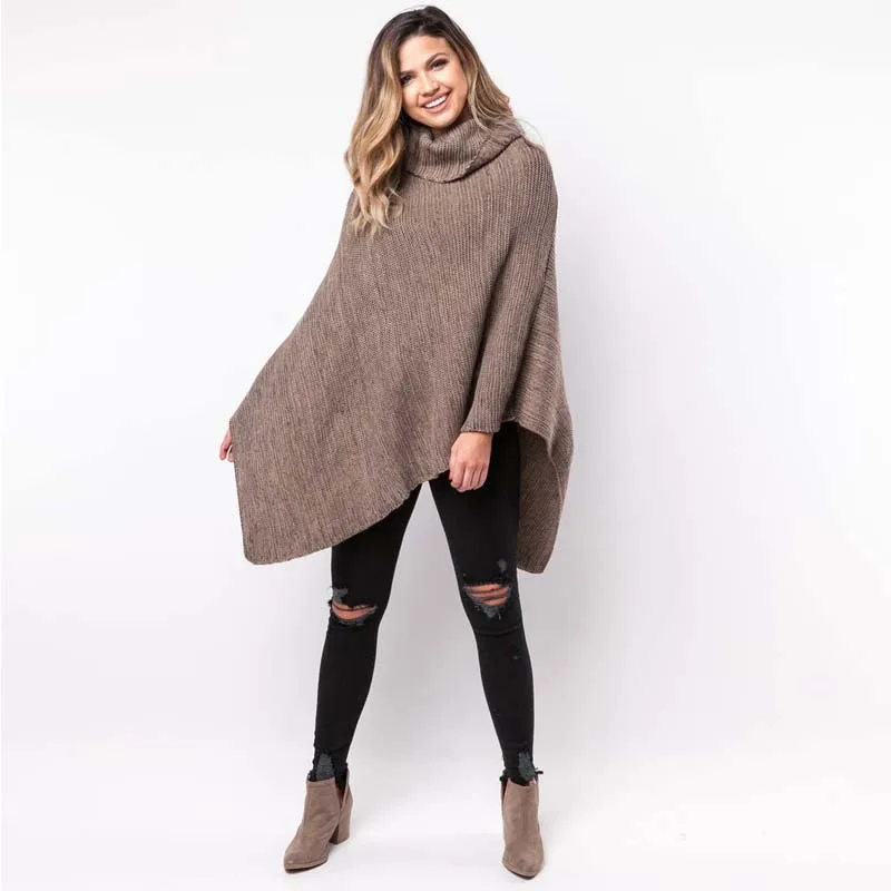 

Autumn Women Sweater Batwing Sleeve Turtleneck Hand Knitted Sweater Poncho Irregular Casual Loose Wrap Swing Pullover Jumper