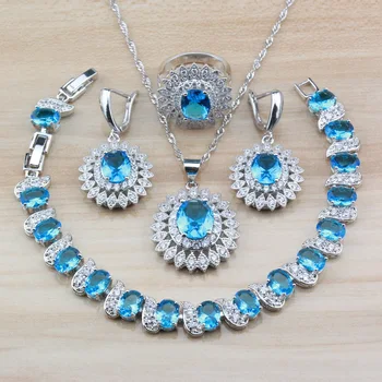 

Fashion Accessories Silver Color Big Jewelry Sets With Sky Blue Crystal Dangle Earrings/Necklace/Bracelet/Ring Gift