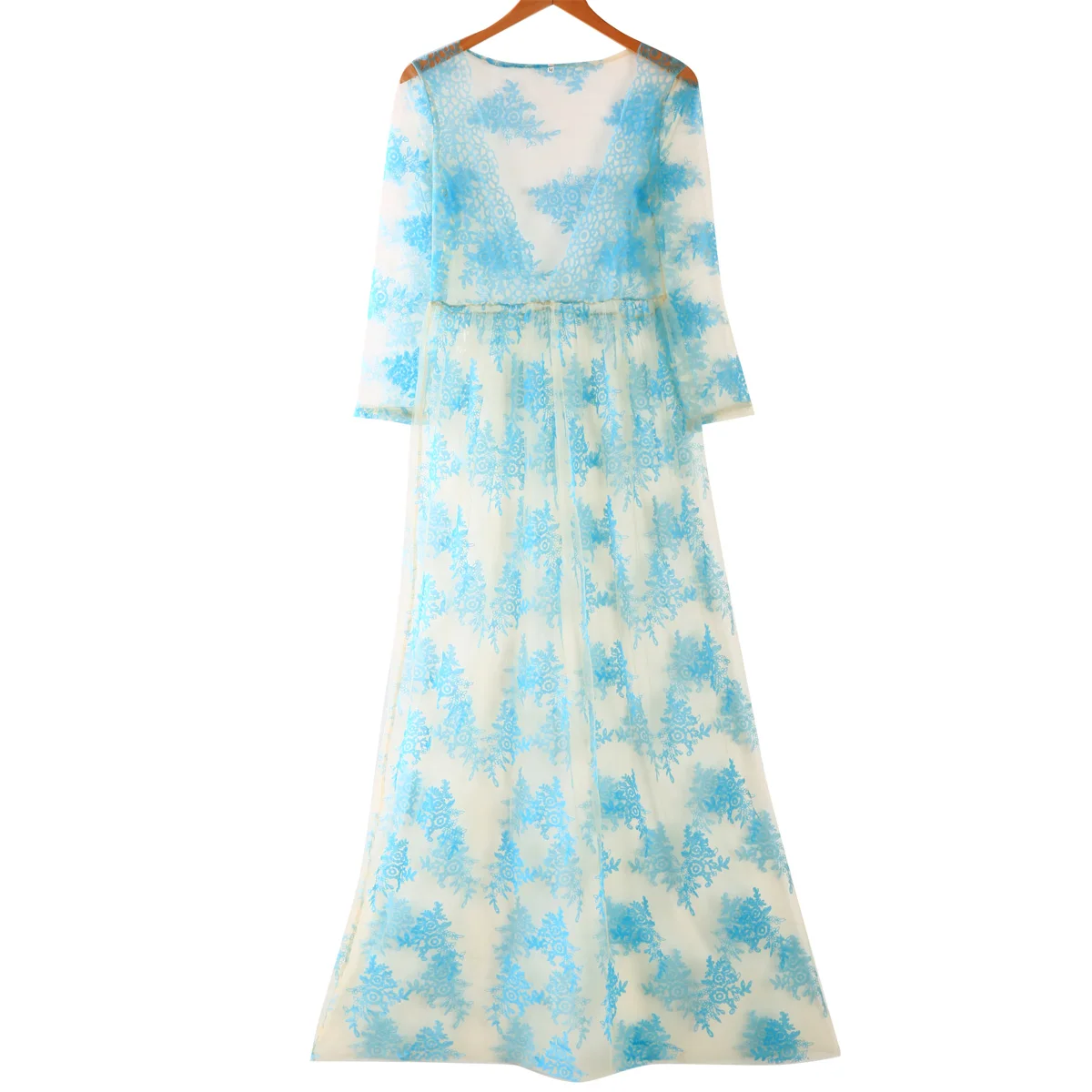 Женское синее длинное платье с цветочным принтом, с длинным рукавом, с вырезом, для вечеринки, летняя пляжная одежда, сарафан