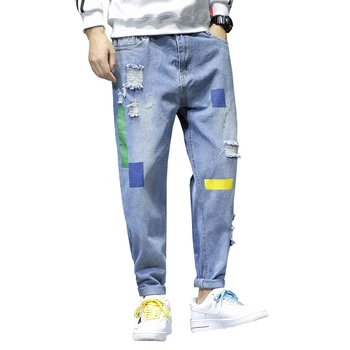 

75% cotton high quality new fashion mens jeans tide brand printing mens jeans casual trend large size M-5XL loose hole men jeans