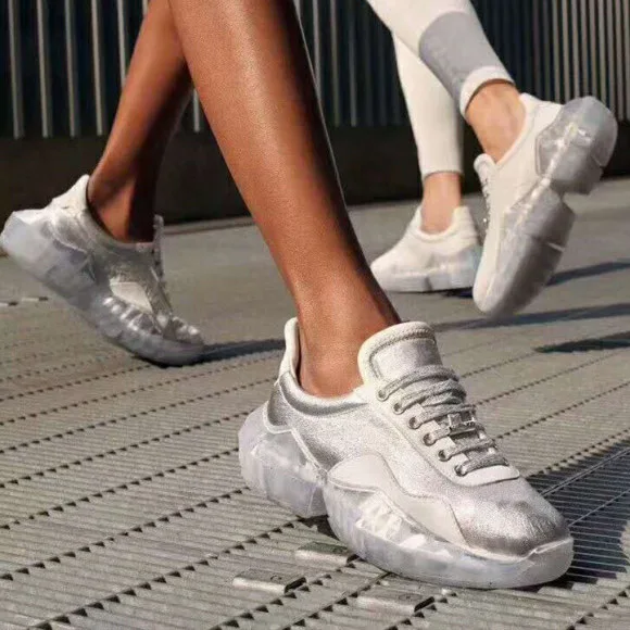 Pour as Lacets Femmes Argent Chaussures Shimmer As Or En Décontracté De À Talons Véritable Picture Épais Cristal Top Dames Course Low Picture Baskets Cuir Sneakers F1TlcKJ