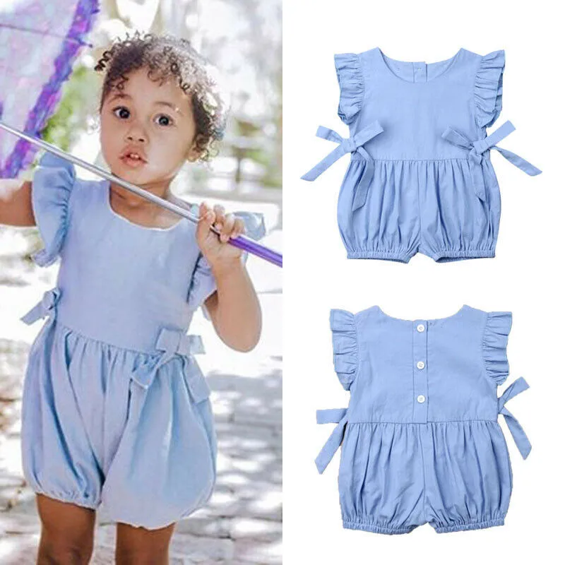 

6-30M Cool Summer Newborn Baby Girls Romper Ruffles Sleeveless O-Neck Tank Sunsuit Solid Color Bow Playsuits Baby Girl Clothes