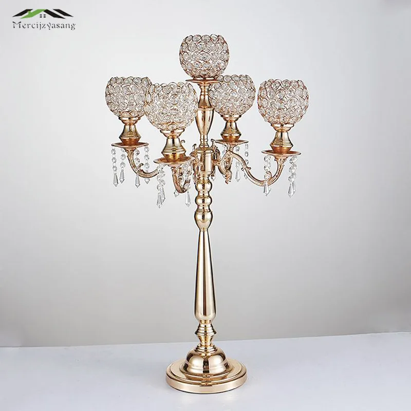 

10PCS/LOT 85CM Metal Gold Candle Holders 5-Arms With Crystals Stand Pillar Candlestick For Wedding Portavelas Candelabra 01008