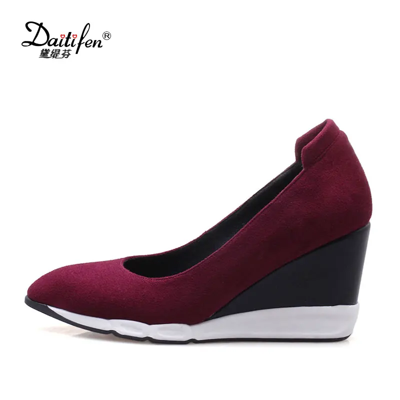 

Daitifen Casual Comfortable Colorblock High Heels Flock Pointed Toe Wedges Pumps Slip-On Height Increasing Women Shoes