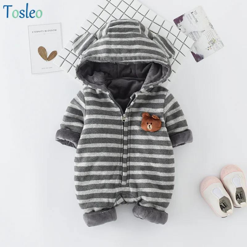 

Baby Boy Rompers Striped Bear Deco Winter New Born Baby Clothes Fleece Inside Infant Baby Funny Animal Outfits Grey and Red