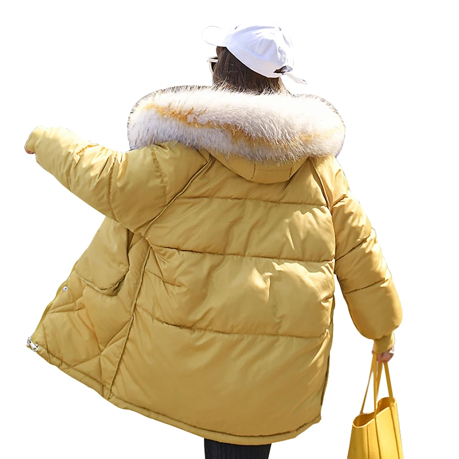 

2019 Jacket women winter long-sleeve fur collar cotton padded warm thick coats female loose hooded parka outwear