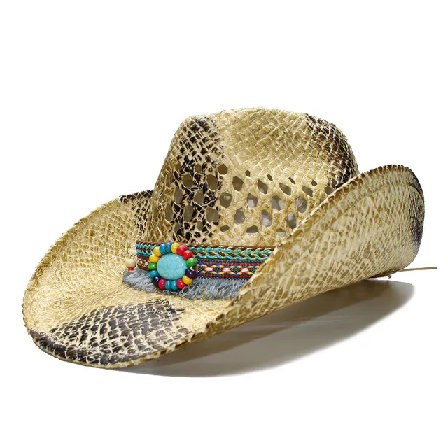 Luckylianji Women S Men Summer Straw Beach Cowboy Western Cow Luckylianji Women S Men Summer Straw Beach Cowboy Western Cow Fedora Hat Hollow Tel Turquoise Bead Band